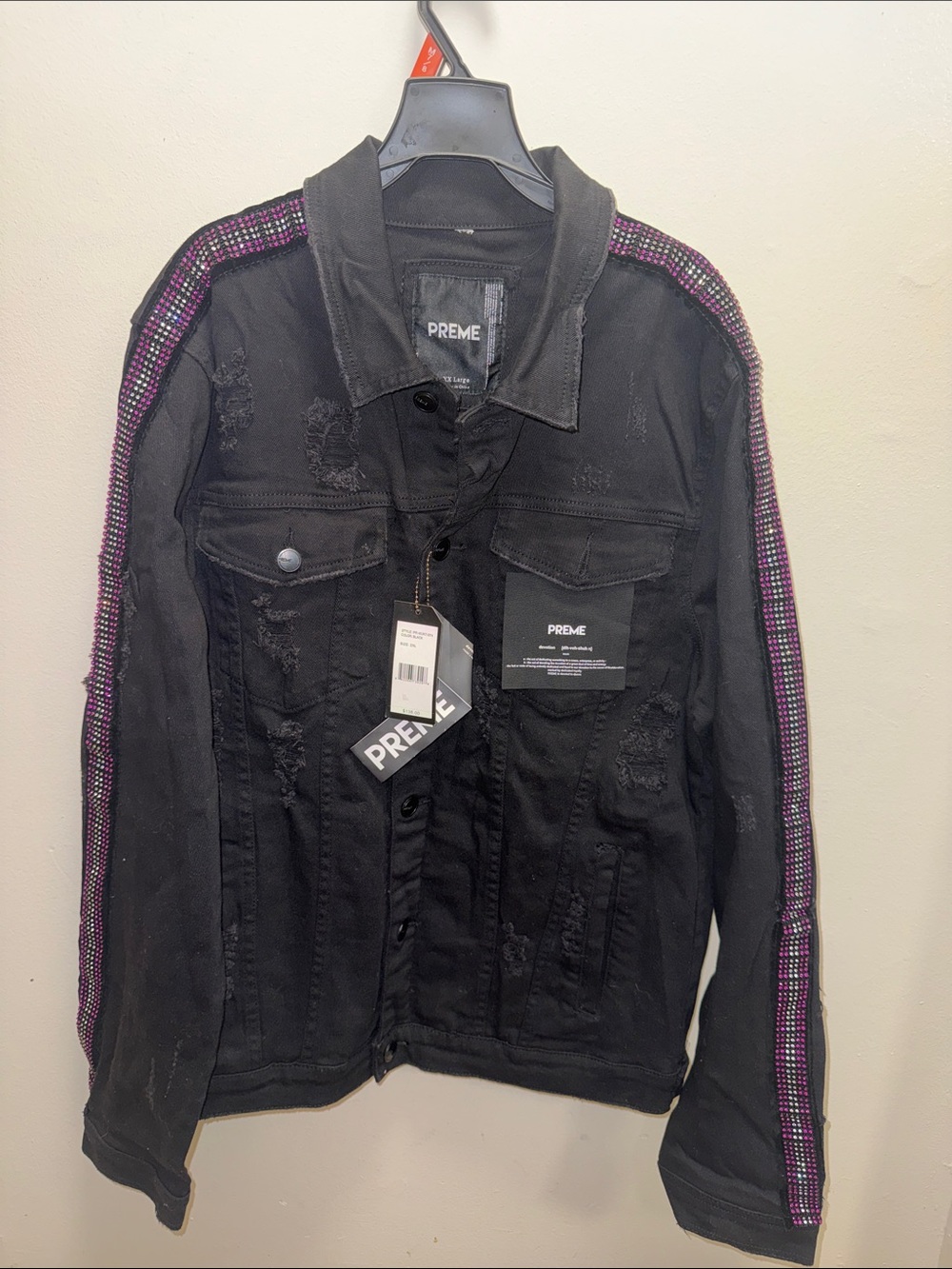 Black Distressed Denim Jacket with Purple Beaded Shoulder Stripe
